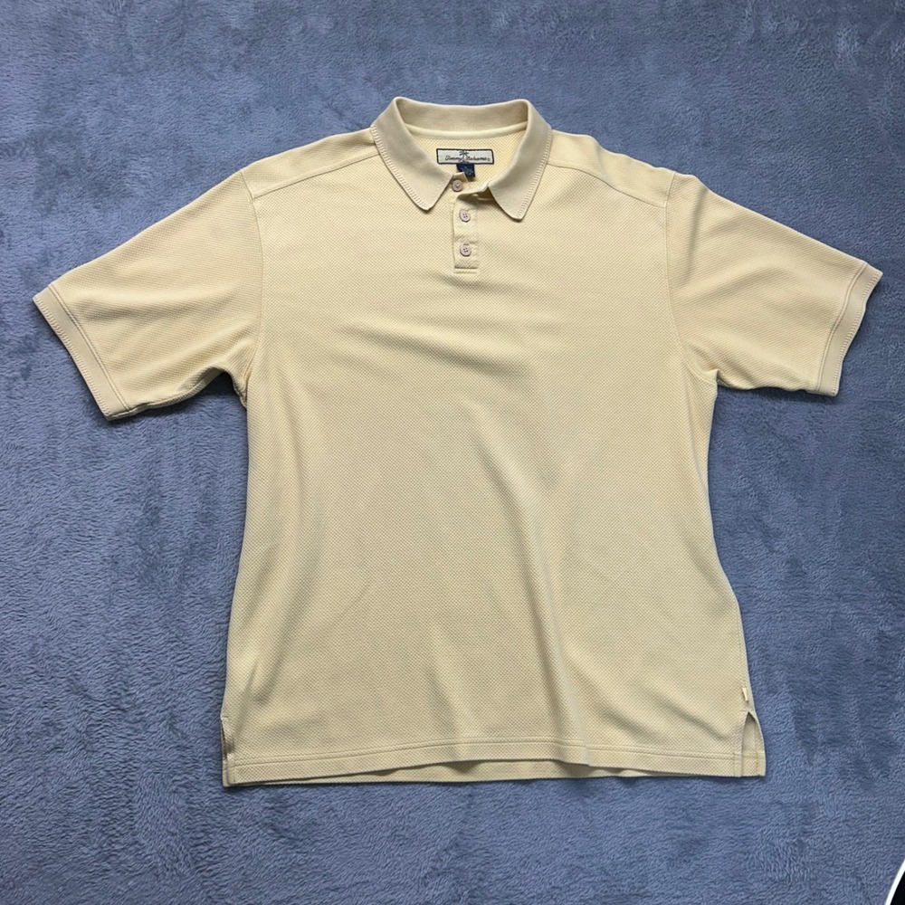 Tommy Bahama Mens Silk Cotton Blend Polo Shirt Pale Yellow Textured Size M